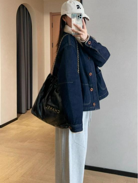 Women's Slimming Lapel Lambswool Padded Denim Jacket - Retro & Versatile