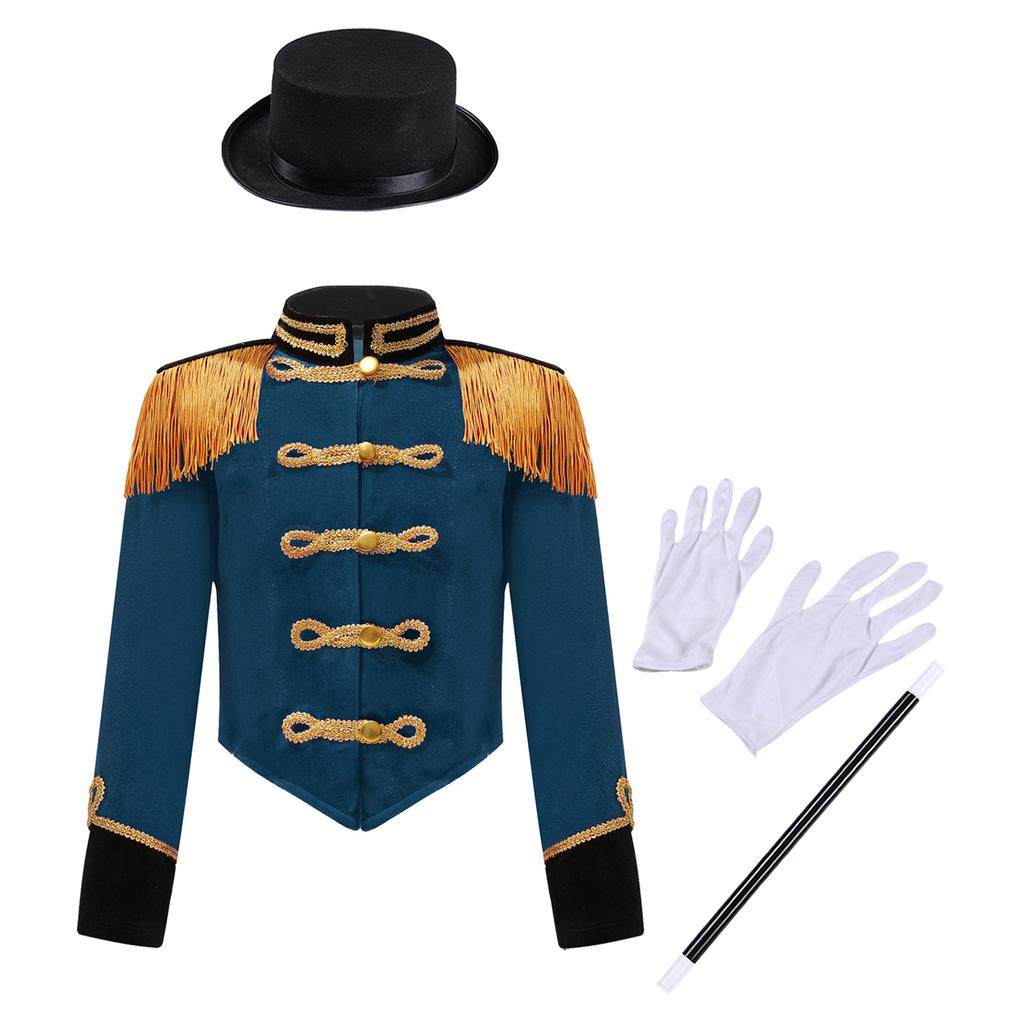 Kids Ringmaster Costume Set Long Sleeve Stand Collar Tassel Shoulder Button Jacket Hat Magic Gloves Halloween Performance