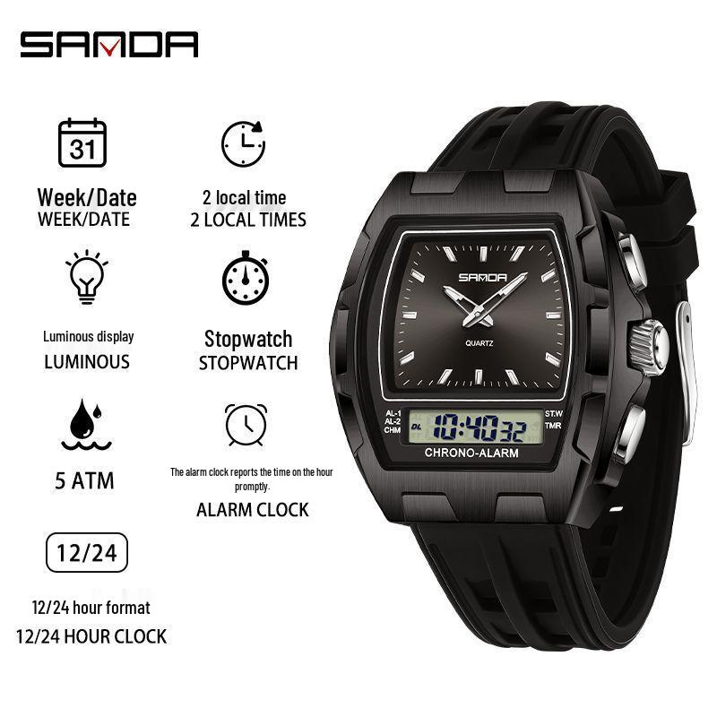 SANDA Men's Multifunctional Sports Watch - Dual Display, Waterproof, Casual & Versatile.