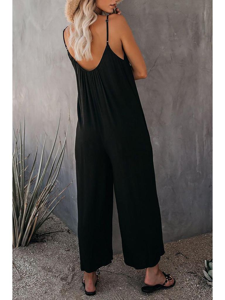 European & American Women's Solid Color Pocket Suspender Jumpsuit