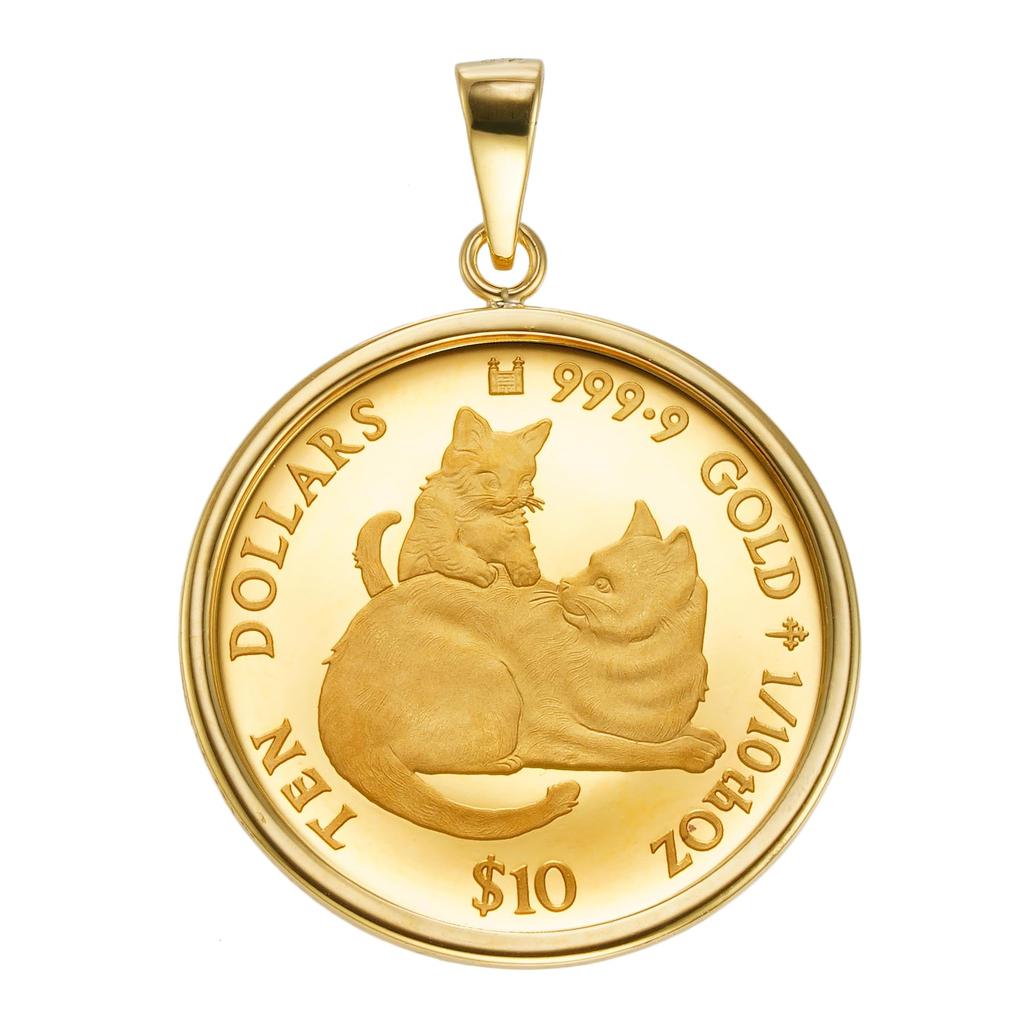 24K Pure Gold Cat Coin Simple 18K Engraved [SPERANZA] Pendant, Mother's Love, 1/10oz, Frame,