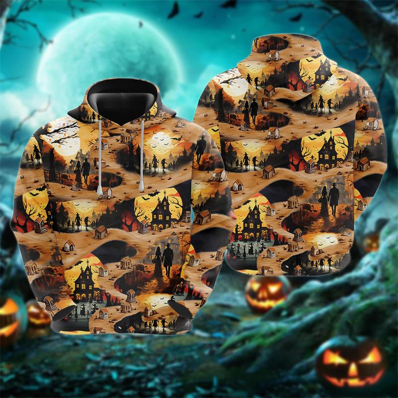 Funny 3D Horror Ghost Pattern Men's Hoodie Halloween Pumpkin Print Sweatshirts Hip Hop Trend Hooded Shirt Autumn Y2k Clothes Top