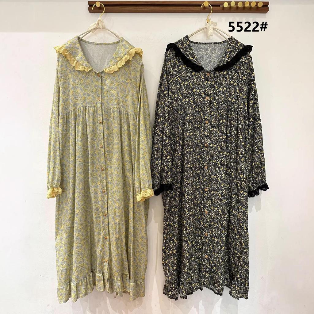 Spring Mori-kei Floral Navy Collar Long Sleeve Loose Casual Plus Size Cotton Linen Dress