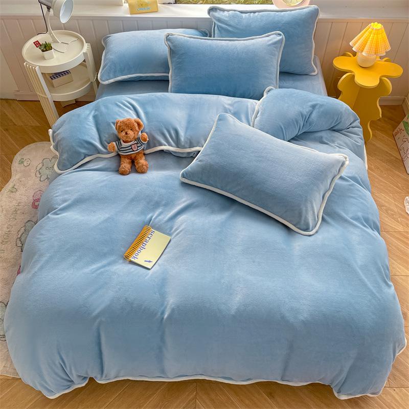 Crem dublu culoare solidă, catifea de lapte, cu tivită mare, cearșaf de pat din patru piese, husă de pilota set de trei piese lenjerie de pat husă de pilota