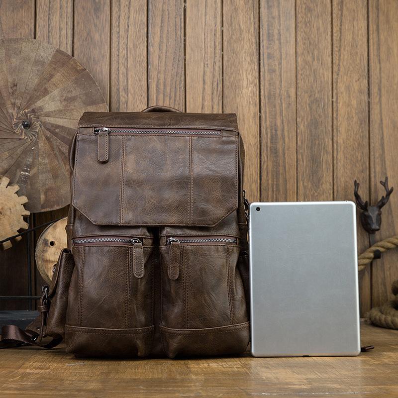 Handmade Cowhide Korean Backpack Men's Casual Trend School Bag College Style Personalized Leather Men's Bag