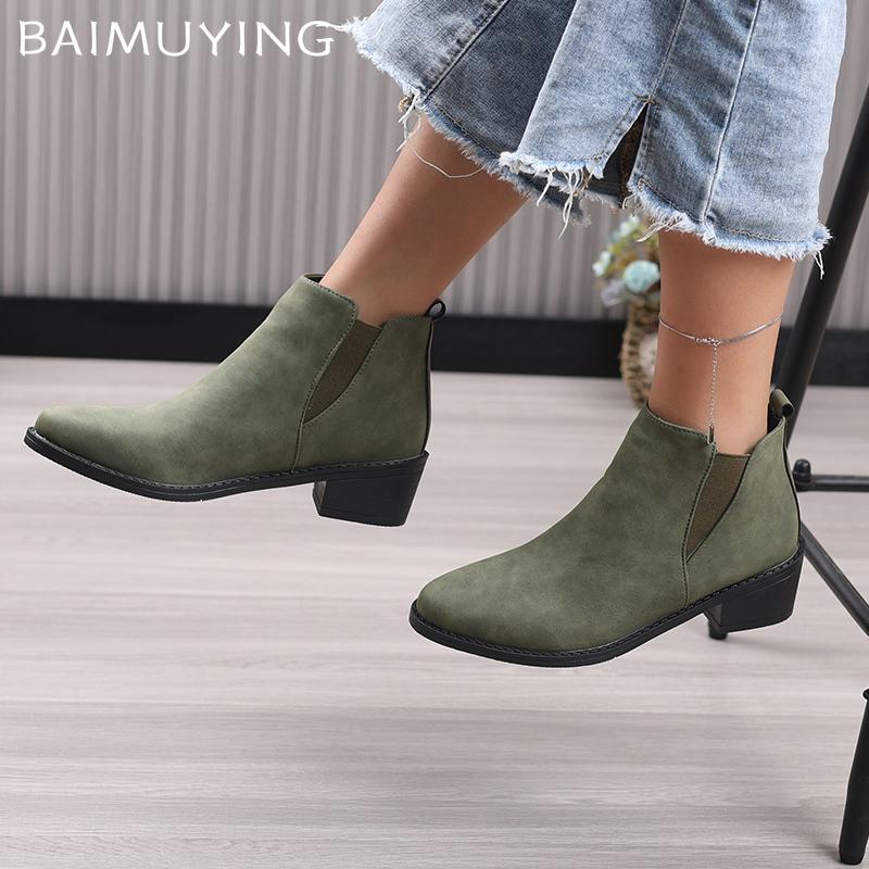 Print Random Women Ankle Boots Suede Pointed Toe Designer Mid Heels Shoes 2025 Trend Chunky Classic Winter Chelsea Botas Mujer