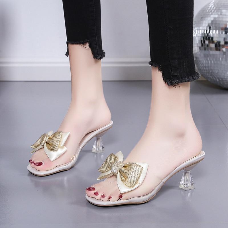 Women Slippers Slides Strange High Heels Women Shoes Mules Solid Butterfly Knot Crystal Summer Slippers Plus Size