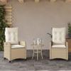 3 Piece Bistro Set with Cushions Beige Poly Rattan