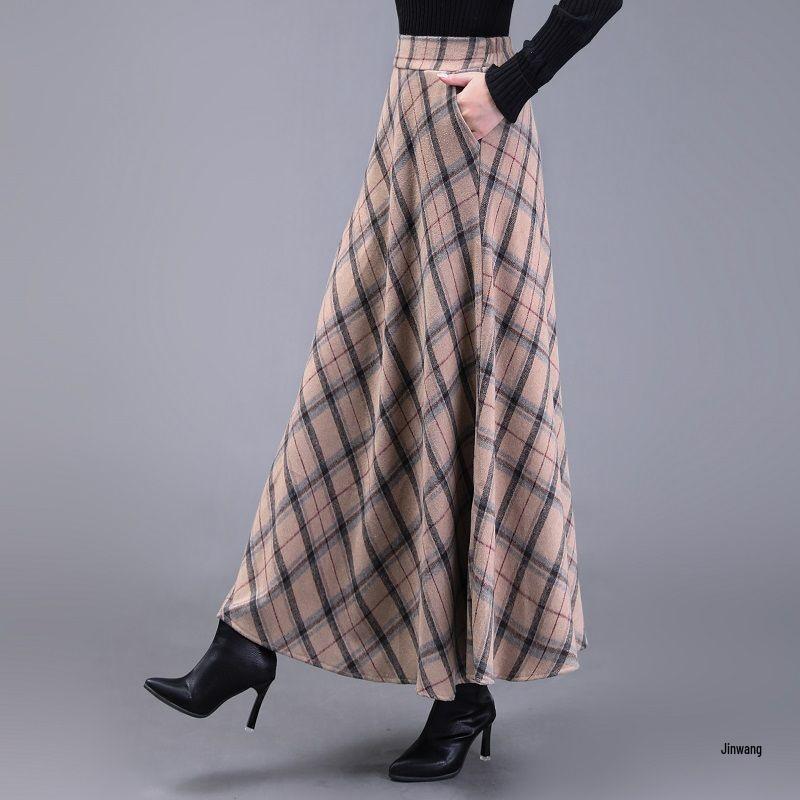 Fustă lungă retro cu carouri, pentru toamnă-iarnă, cu tiv de umbrelă, pentru siluetă pară