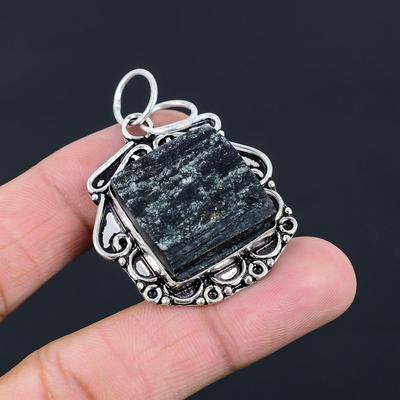 Natural Black Tourmaline Rough Gemstone Pendant 925 Sterling Silver For Women