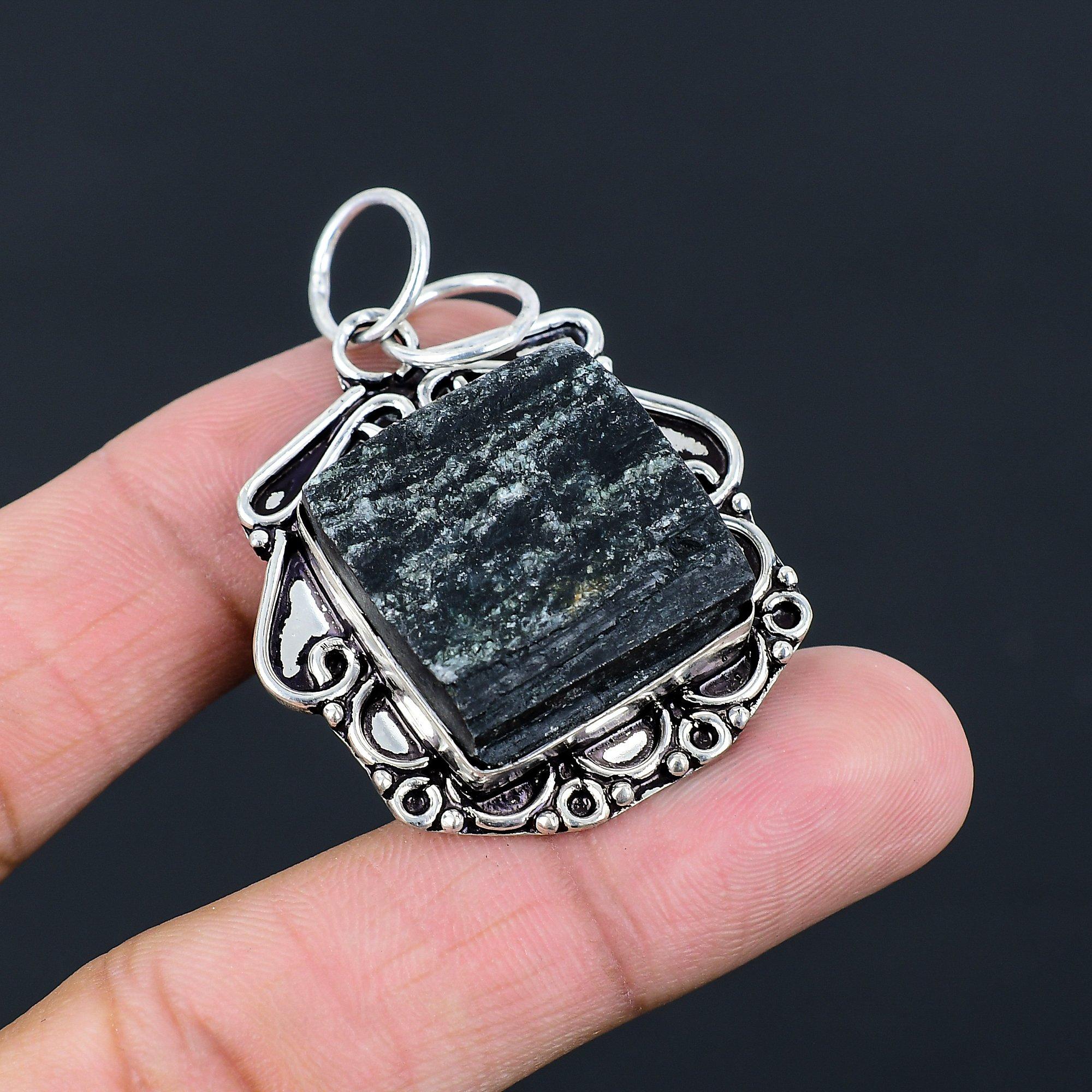 

Natural Black Tourmaline Rough Gemstone Pendant 925 Sterling Silver For Women