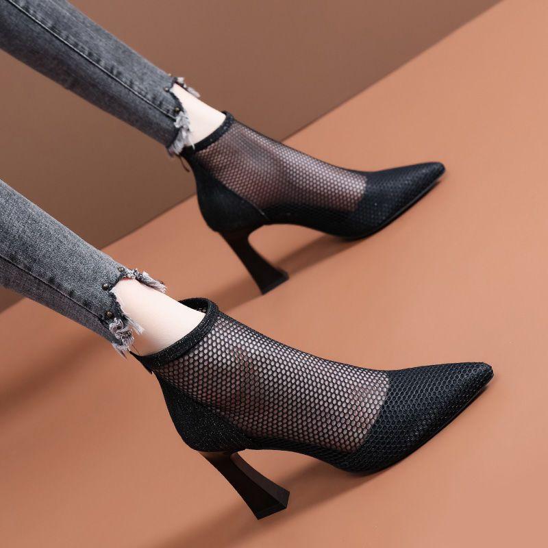 

Сетчатые сексуальные остроносые ботильоны женские 2025 новые на толстом каблуке короткие ботинки весна и лето туфли на высоком каблуке универсальные крутые ботинки 40