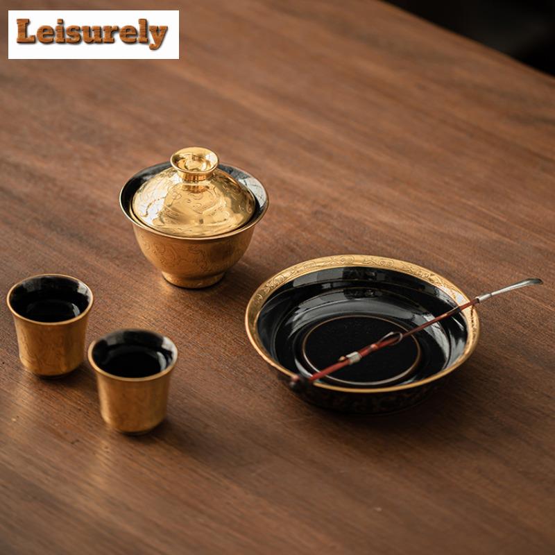 Gilded Chi Long Pattern Tea Set Complete Set Vintage Tea Ceremony Set Tea Maker Teapot And Tea Cup Set Cafes Supplies Ornaments