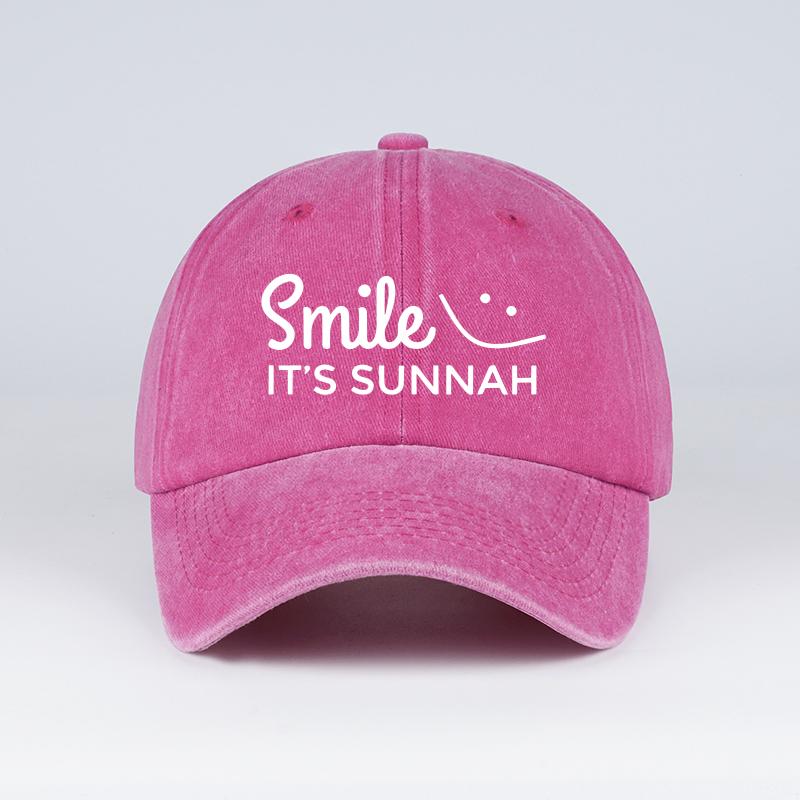 « Sourire C'est la Sunnah » Texte Smiley Face Imprimé Décoré Casquette de Baseball Lavée Douce Et Confortable Ajustement Réglable Chaud, Guérison, Mini rouge rose
