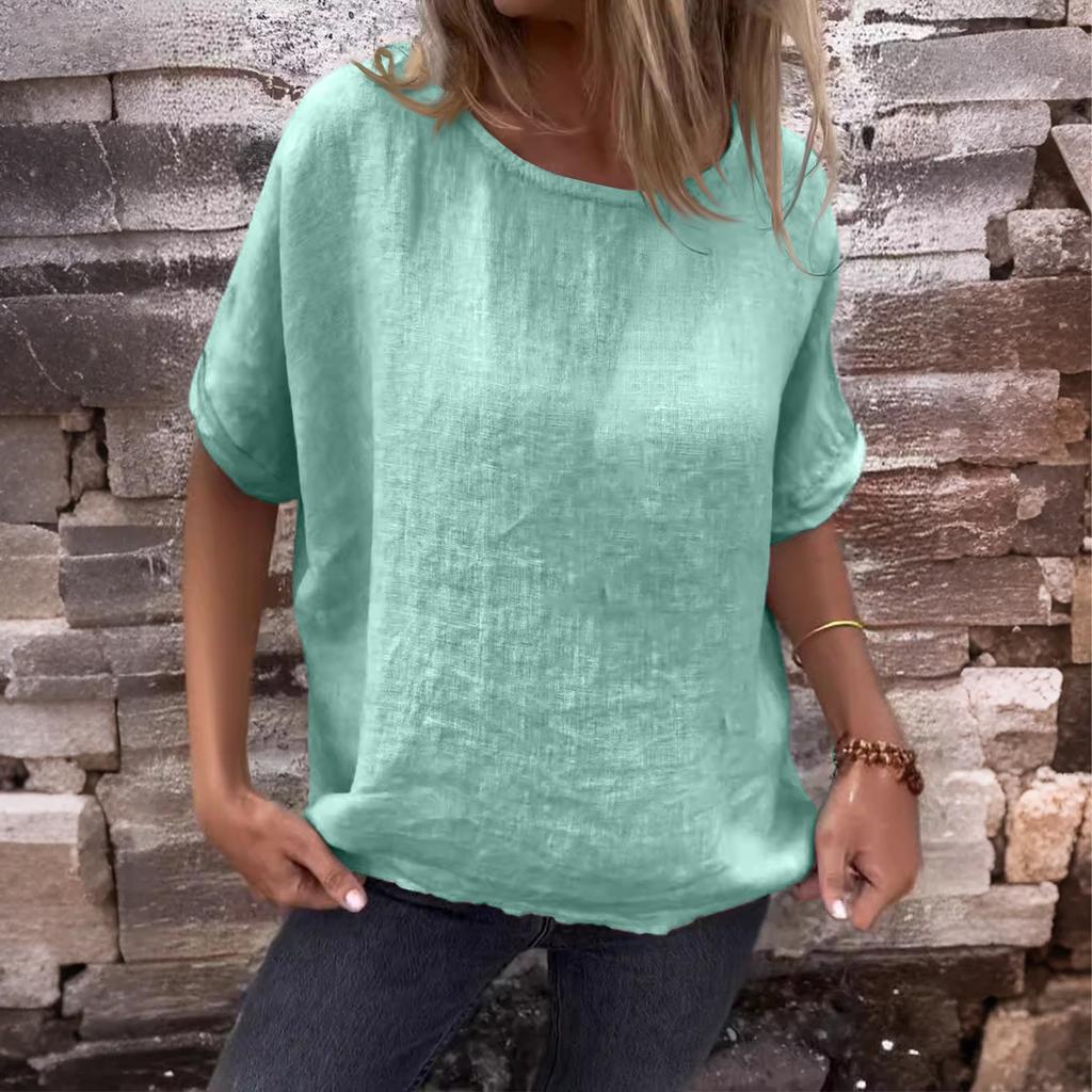 Damen Neu Rundhals Mittellange Ärmel Baumwolle Leinen Locker T-Shirt Top