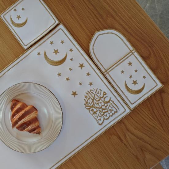 1 Set Star Moon Eid Placemat Faux Leather Embroidered Waterproof Placemat Cutlery Holder Coaster for Ramadan Dinner Home Islamic Holiday Party Decor