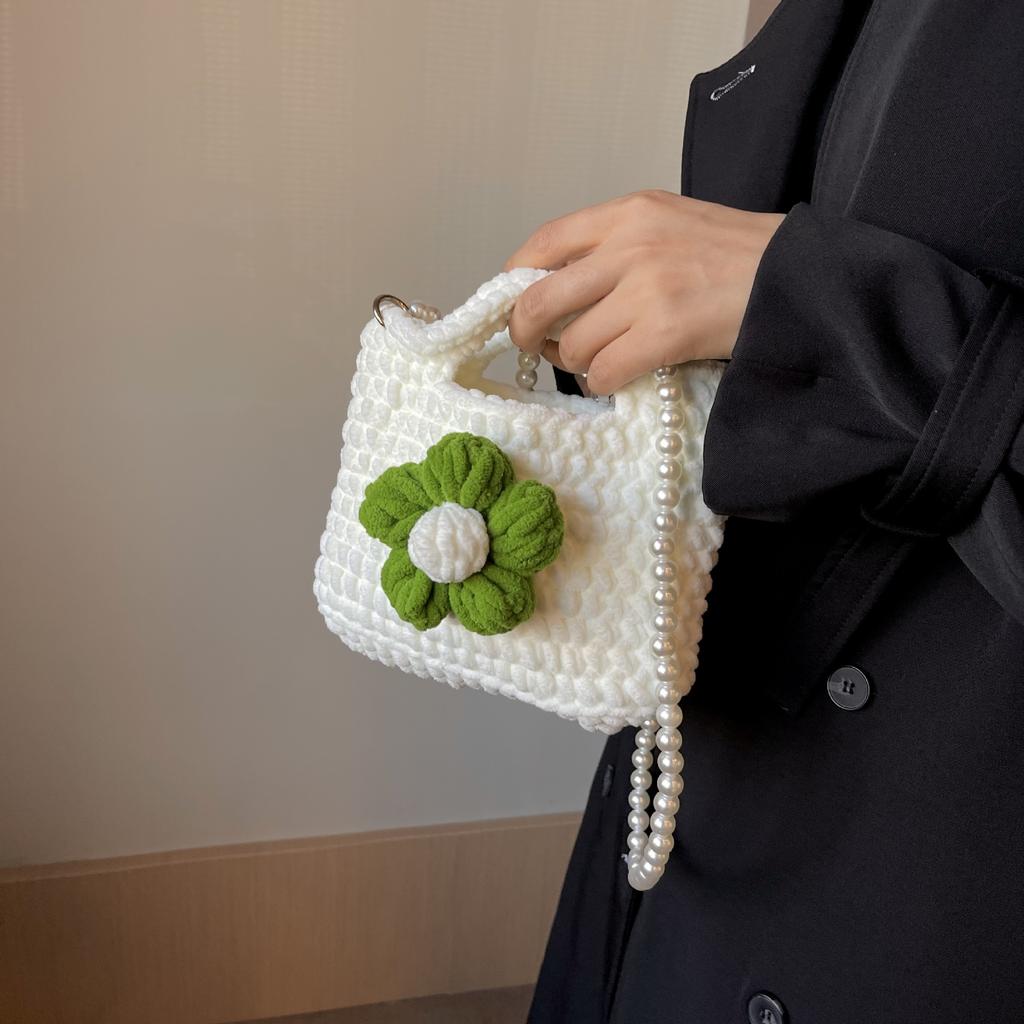 Tote Bag, Wool Puff Flower Bag, Sweet Flower Handwoven Bag, Ice Bar Thread Crochet Wool Women's Bag