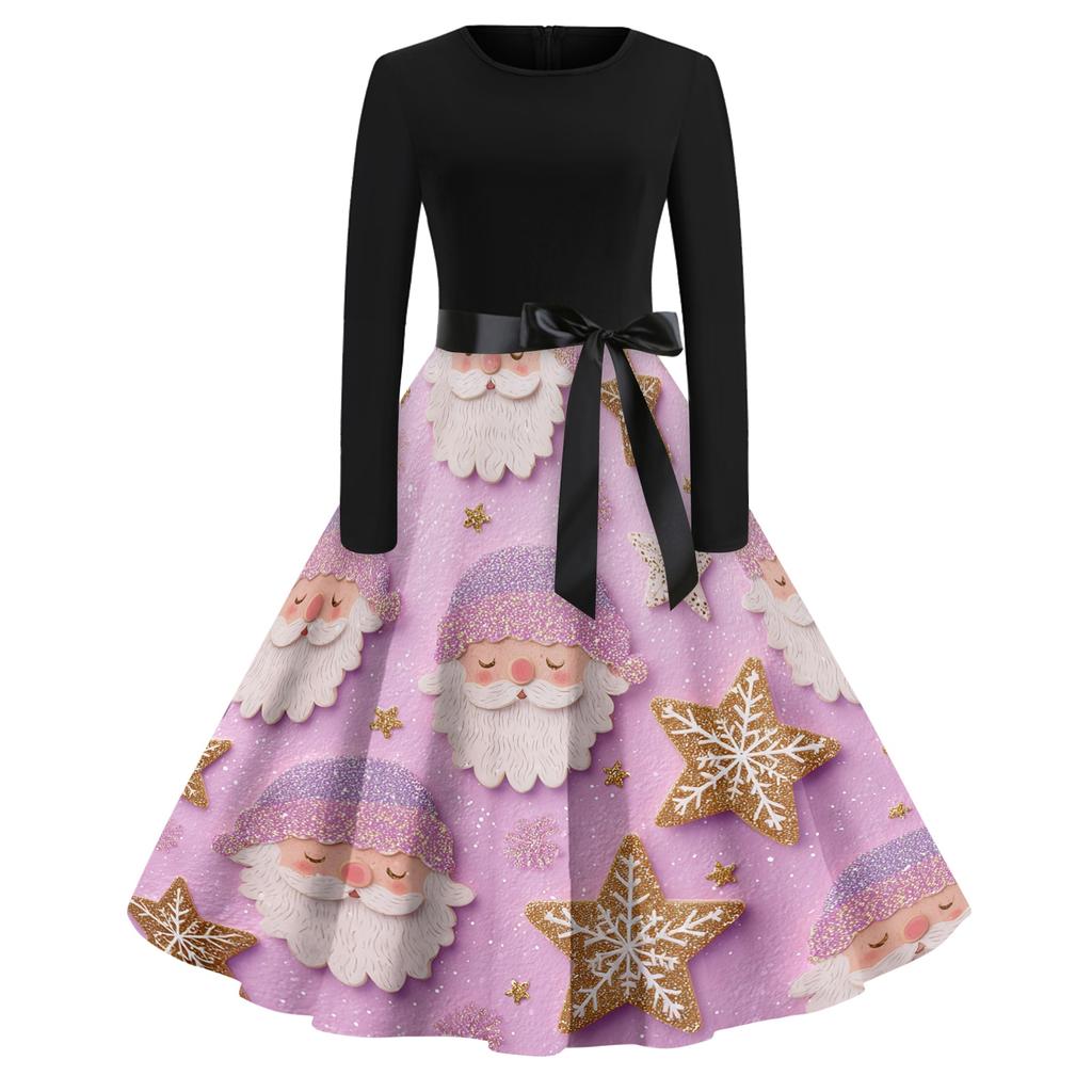Women's Casual Fashion Round Neck Christmas Printed Vintage Dress