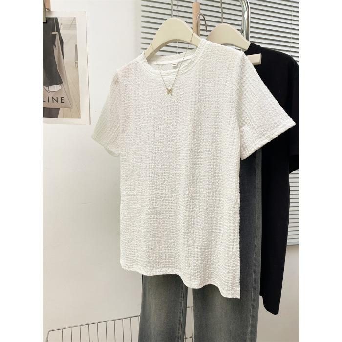 Physical Breathable Pleated Design Short-sleeved Women's T-shirt Women's Summer Loose Korean Version Versatile Design Niche Top