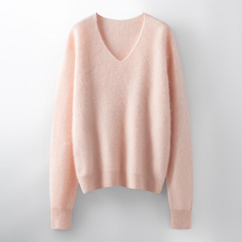 Women's Brushed Wool V-Neck Long-Sleeve Sweater: Autumn/Winter Loose Slimming Knitted Pullover Top