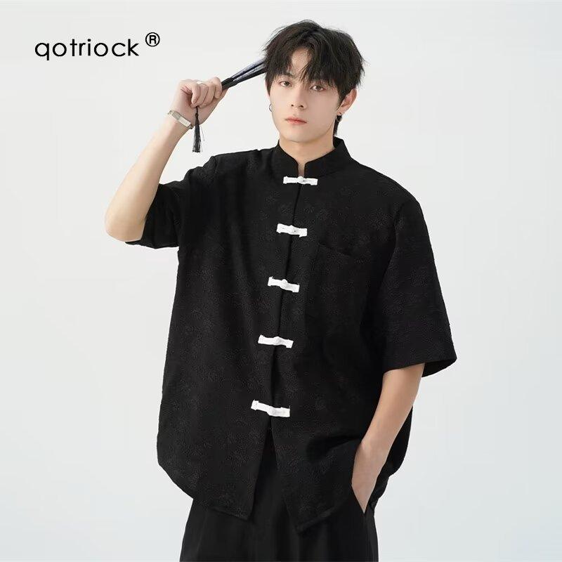 Chinese retro buckle long-sleeved shirt linen base Chinese style men s Tang style M чёрный