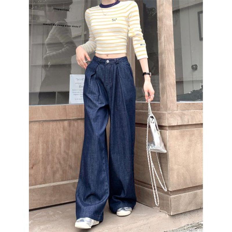 

Kumikumi Stylish Retro Blue Denim Loose Pants Female Early Autumn High Waist Baggy Straight Trousers Mop Pants Blue XL