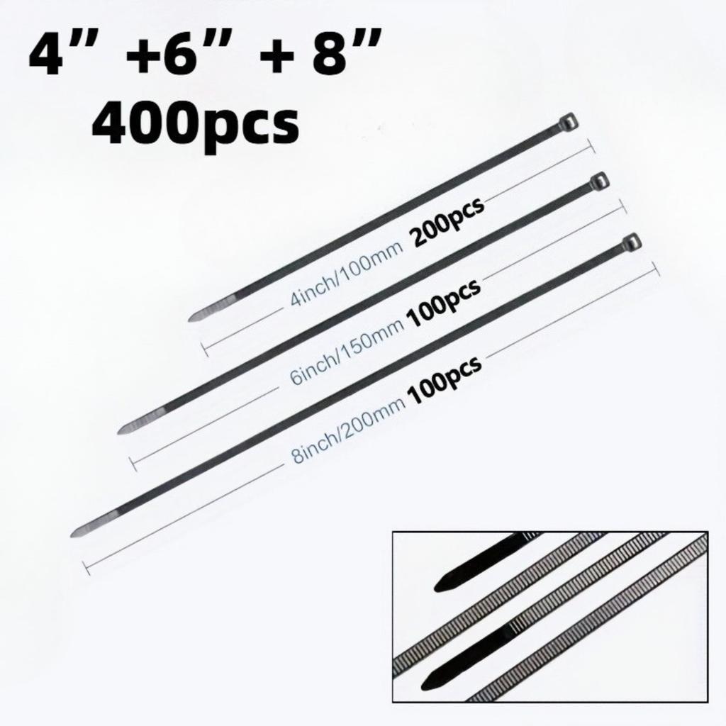 400/100 Durable Nylon Cable Ties, Size 20/15/10cm, Self-locking Nylon Cable Ties, for Office, Industrial, and Workshop Wiring, Cable Management