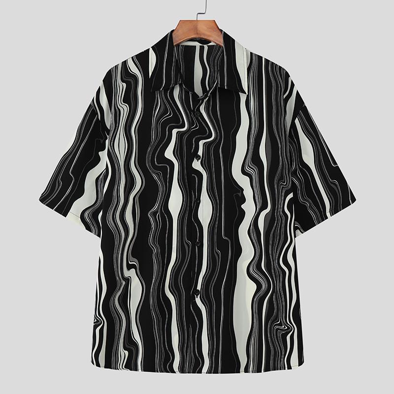 

INCERUN Men s Lapel Short Sleeve Shirts Striped Printed Button Up Summer Tops 2XL чёрный