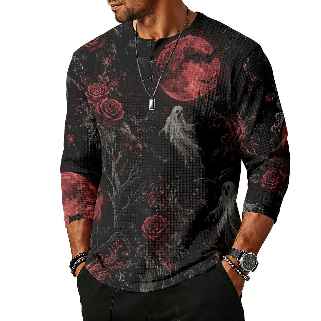 Men's Casual Halloween Printed Crew Neck Shoulder Three Quarter Sleeve Top with Button and Bat Pattern