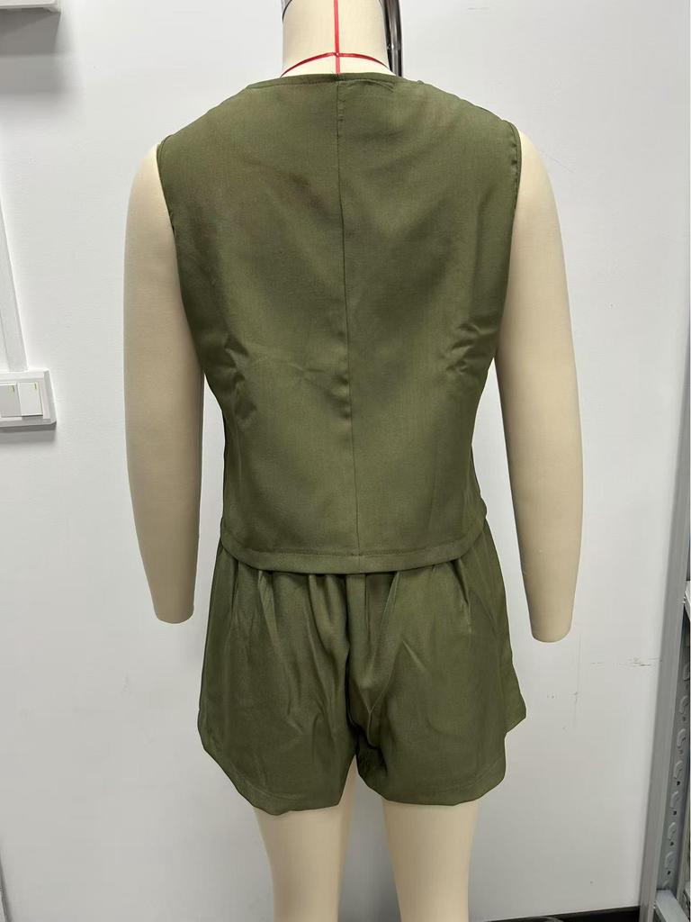 2025 Elegancki Damski Zestaw Dwuczęściowy Kamizelka z Dekoltem w Serek Zapinana na Guziki i Szorty