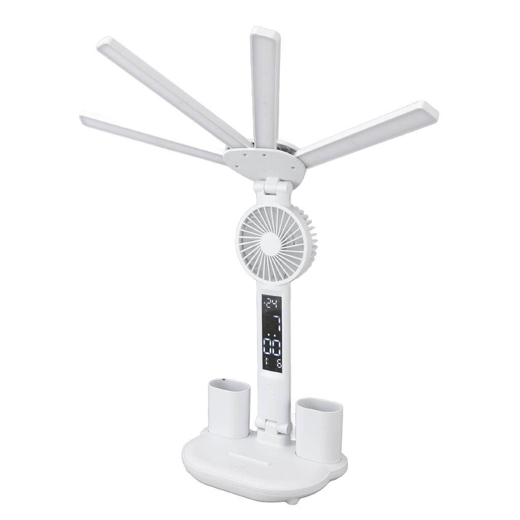 LED Desk Light with Fan Bright 4 Headed Touch Control Adjustable Foldable Table Lamp with Clock Date