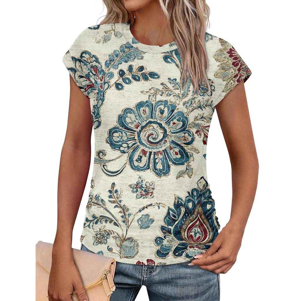 Women Summer Tops Trendy Crew Neck Short Sleeve T-shirts Shirts Fashion Women's Vintage Printed T-Shirt Outdoor Clothes Pullover