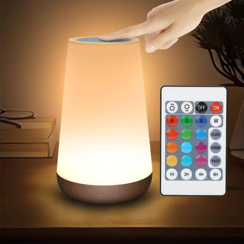 Wood Grain Touch Remote Bedside Table Lamp - 13-Color Night Light with Tap Control