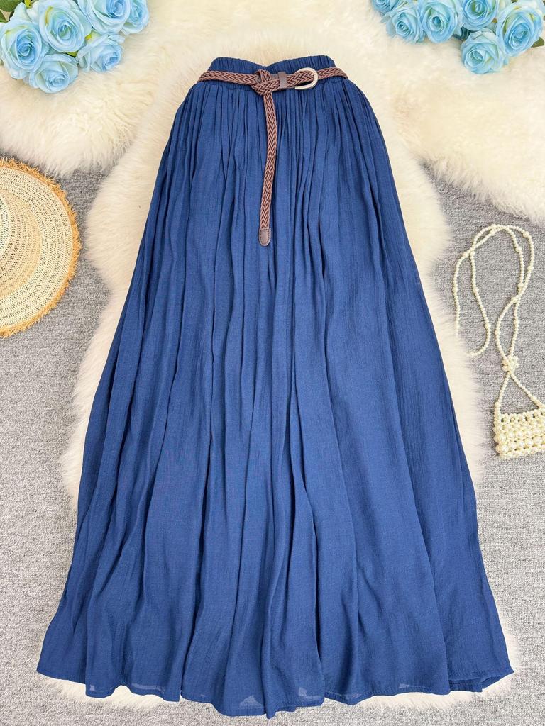 European & American A-line Pleated Cotton Linen Skirt with Elastic Waist - Mid-Length, Versatile, Women's