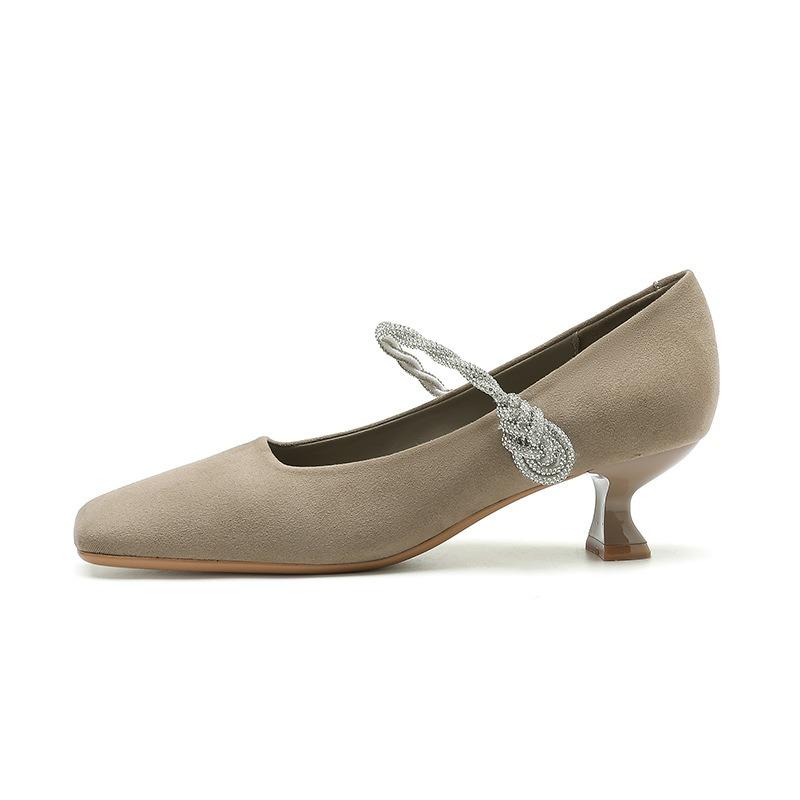 3-One-word rhinestone square head single shoes women's suede stiletto high heels women's not tired feet temperament women's shoes