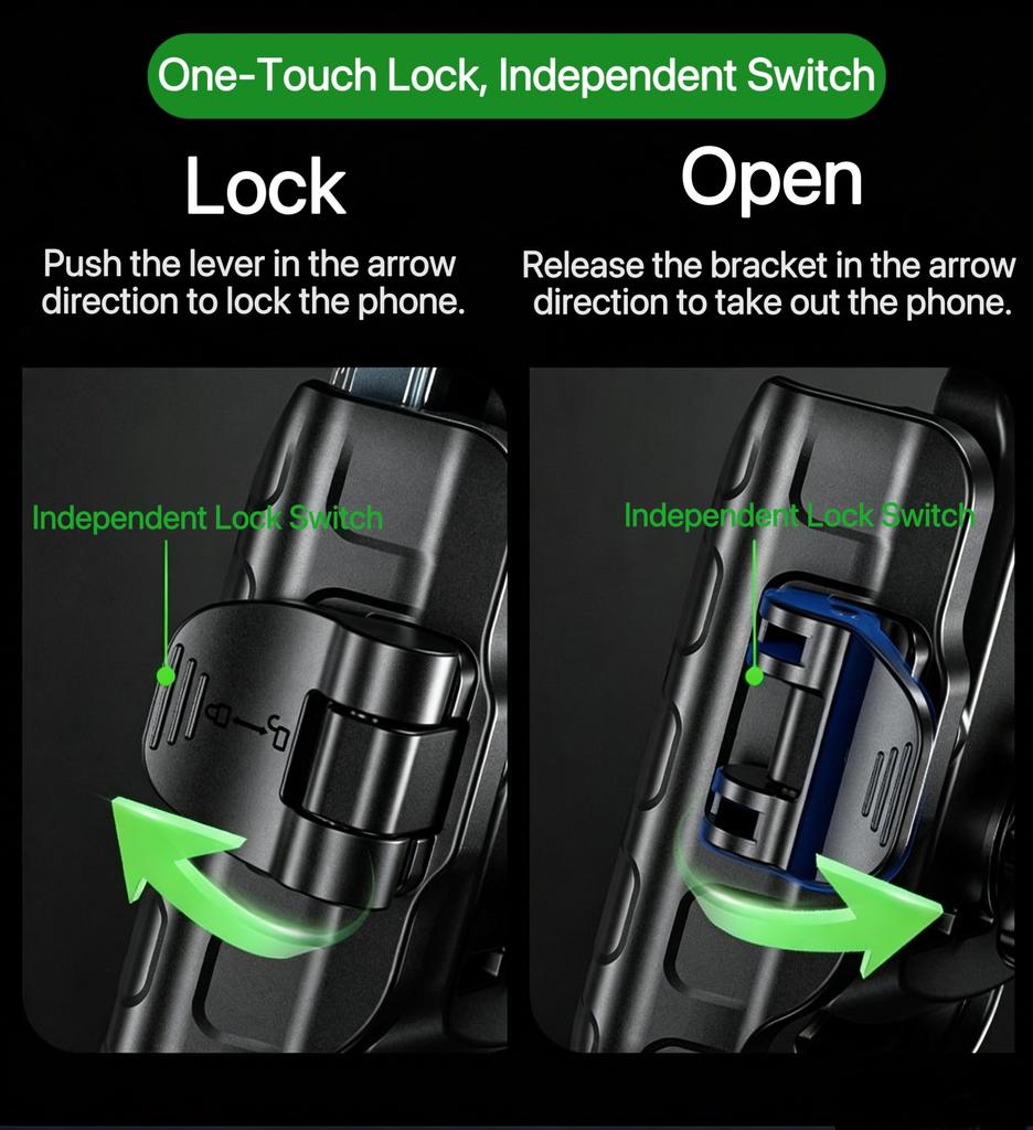 Anti-Shake Motorcycle Phone Mount – ABS+Alloy, 4 Shock Absorbers & Safety Lock less