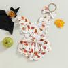 Citgeett Summer Halloween Infant Baby Girls Outfits Short Sleeve Elastic Waist Pumpkin Print Bodysuit Headband Set Clothes