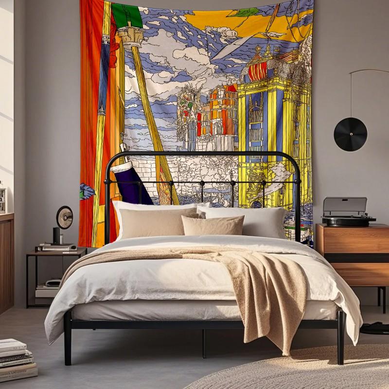 Boho Chic Wall Tapestry With Moon Phase Floral Starry Sky Design Bedroom Yoga Studio Decor