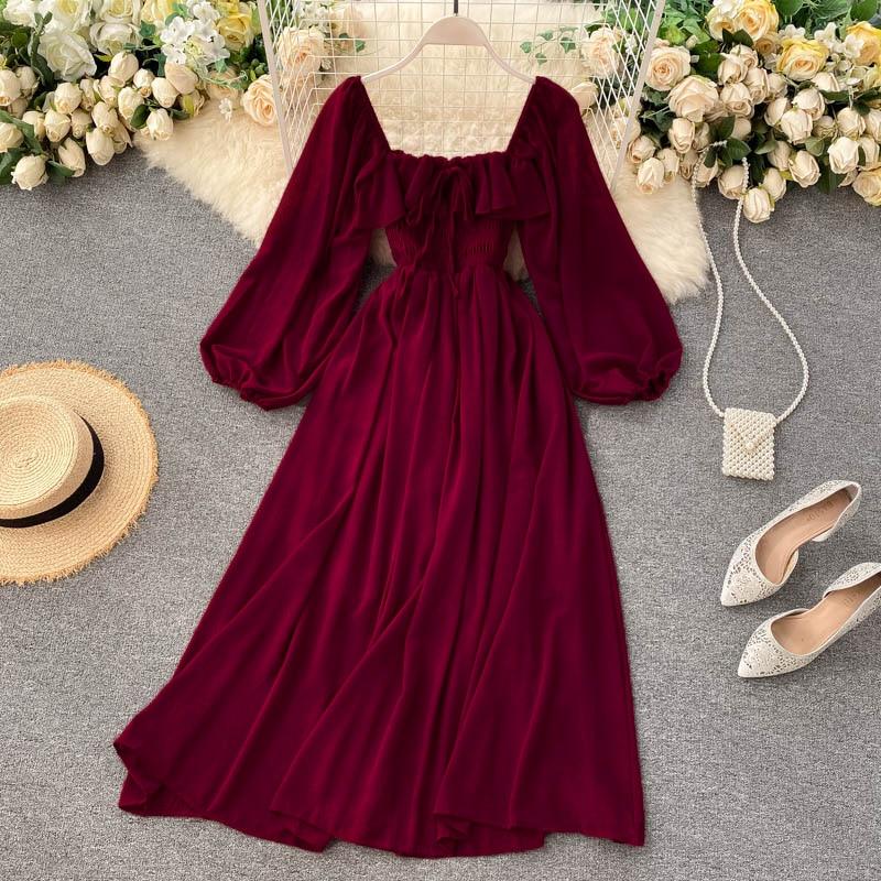 Schickes Elegantes Maxikleid mit Quadratischem Ausschnitt für Damen, Einfarbiges Chiffonkleid mit Puffärmeln, Koreanische Mode, Vintage Rüschenkleider