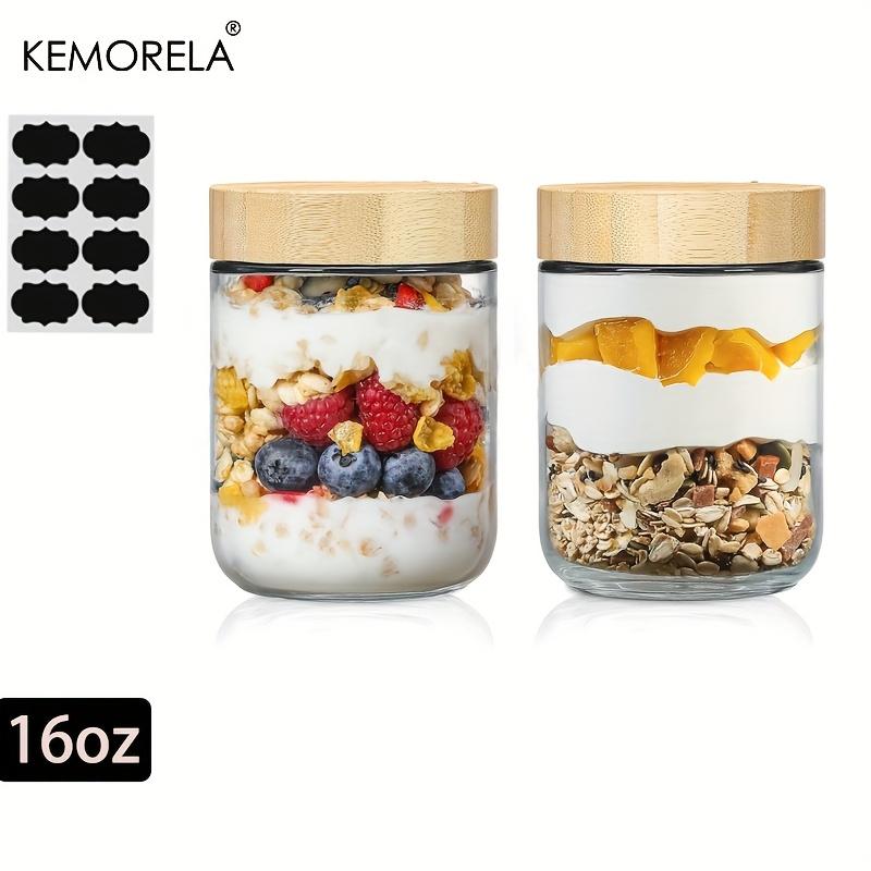 KEMORELA 2/4PCS Glass Jars 290/470ML with Airtight Lids Overnight Oats Containers with Bamboo Lids Wide Mouth Mason Salad Jar