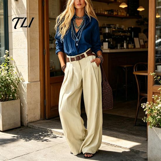 Casual Matching Sets Women Two Piece Set for Fall, V Neck Collared Shirt & Wide Leg Pants, Loose Fit Trousers Autumn Outfits Suit