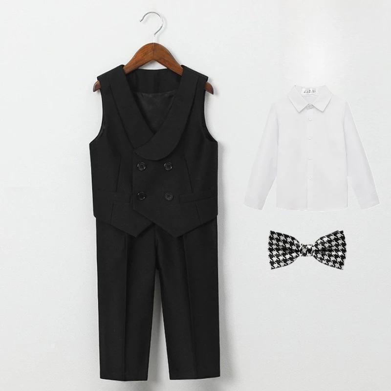 Boys Khaki 4 Piece Suit Shawl Lapel Double Breasted Vest Set White Shirt Plaid Bow Tie Pants Kids Wedding Flower Gentleman Formal Party Photo Outfit