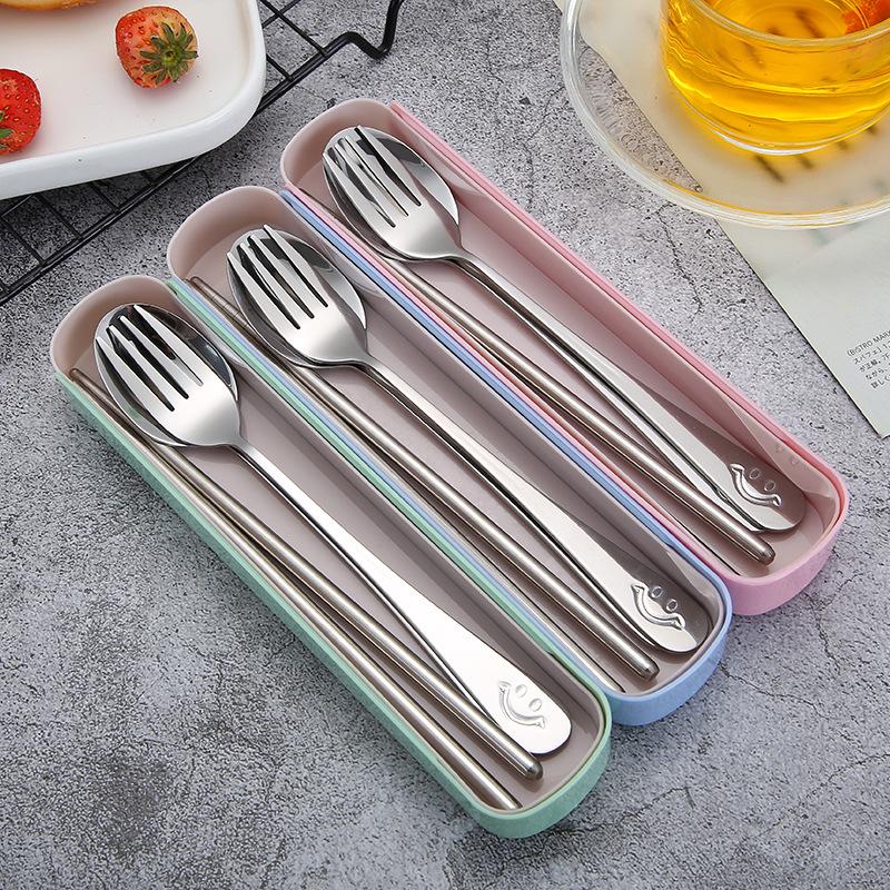 3pcs Cutlery Set Stainless Steel Spoon Fork Chopsticks With Storage Box Camping Tourism Tableware Portable Outdoor Equipment TMZ