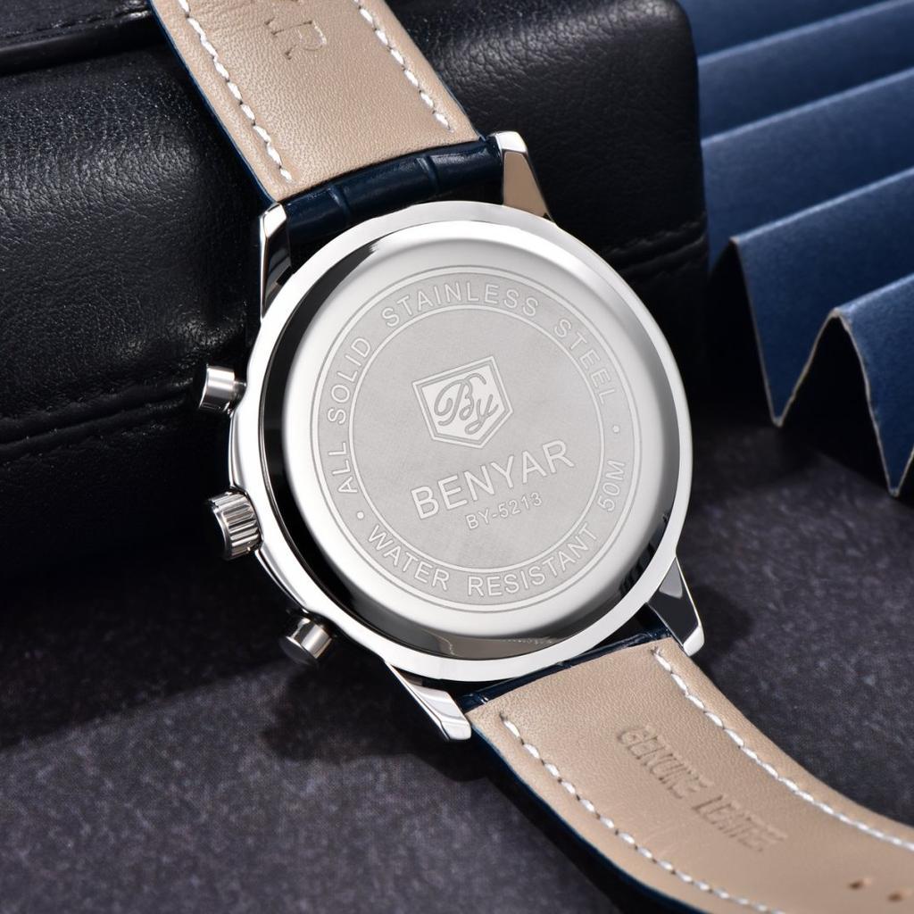 Benyar Luxury Watches For Men Date Chronograph Lrather Man Watch Waterproof Luminous Sport Military Men's Quartz Watch