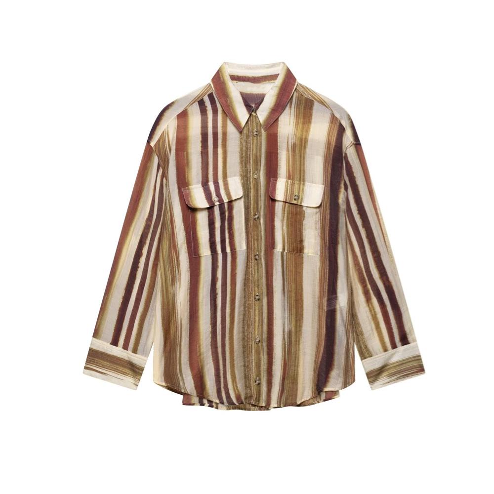 

2025 Spring/Summer Women s Striped Loose Lapel Casual Shirt Extra Small