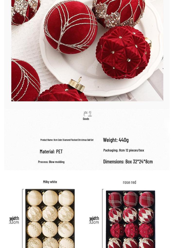 8cm Diamond Flocking Christmas Ball Set - Festive Tree Decorations