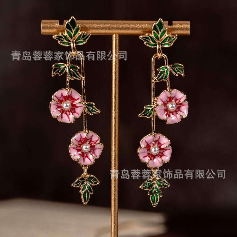 Французские ретро розовые эмалированные серьги-цветы для женщин, винтажные, высококачественные, изысканные, длинные, в ароматном стиле
