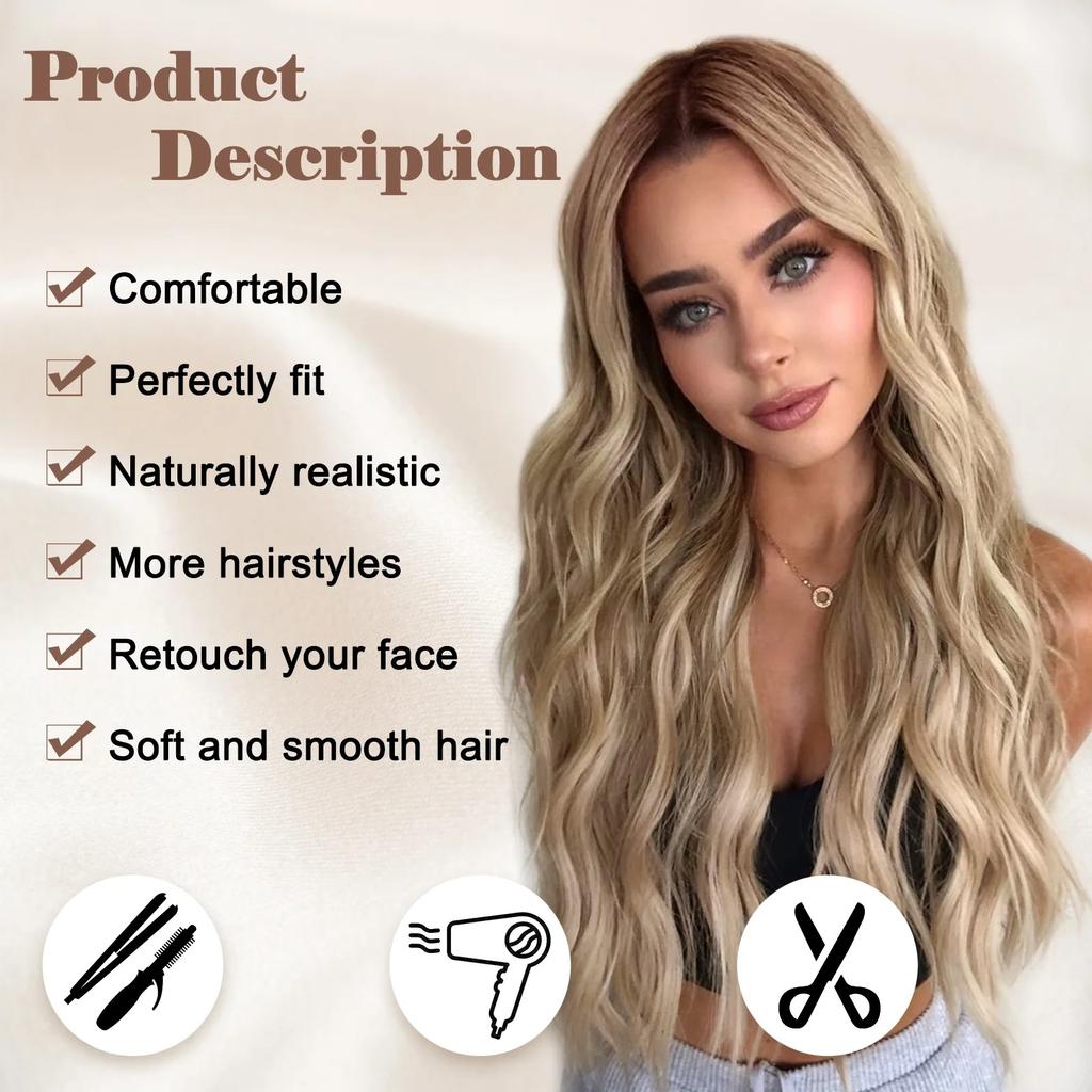 Long Wavy Wig 26 Inch Gradient Blonde Wig Women Natural Cute Wigs Suitable For Daily Party