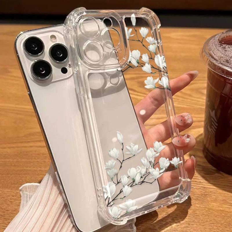 Simple White Flower Pattern Transparent Phone Case Suitable for iPhone 17 16 15 14 13 12 11Pro/Max/Plus Anti Drop and Shockproof