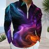 Men Plus Size Long Sleeve Quarter Zip Collared Polo Shirt Colorful Abstract Smoke Printed